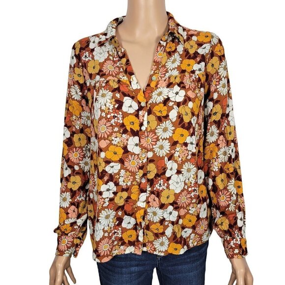 Jane + Delancey Women's Retro Floral Button Down Light Weight Blouse Size S - Picture 1 of 11